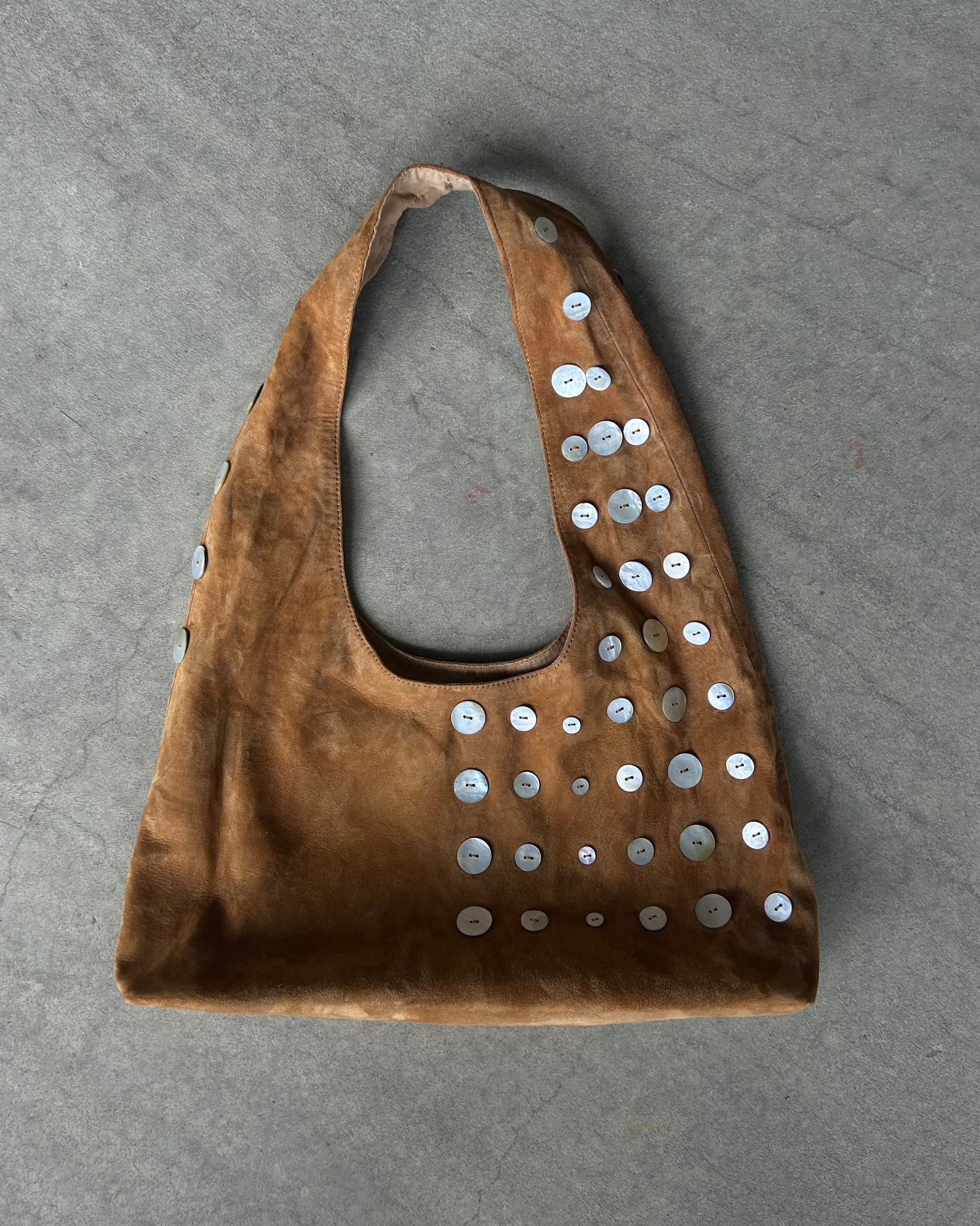 Dae Resort Pearla Perla Sienna slouch shoulder bag 100% genuine leather suede with mother of pearl button detailing