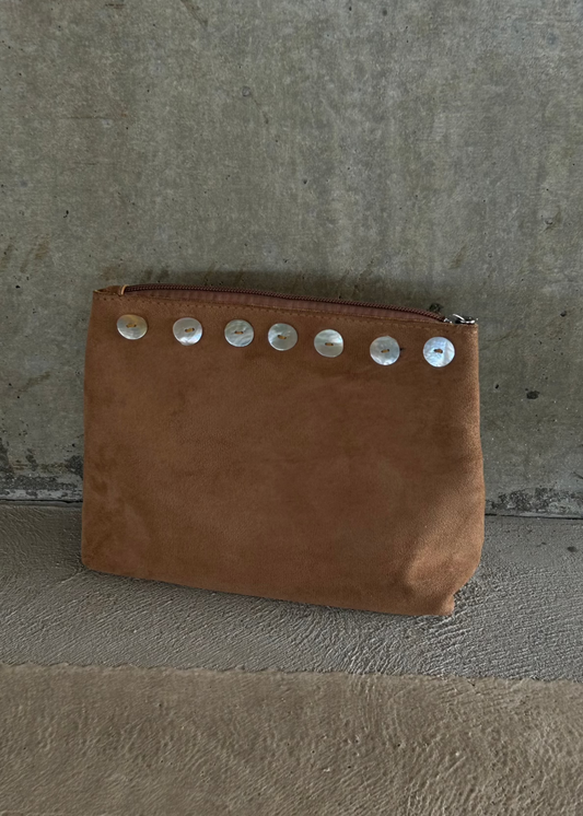 PERLA mother of pearl mini brown suede pouch DAE Resort