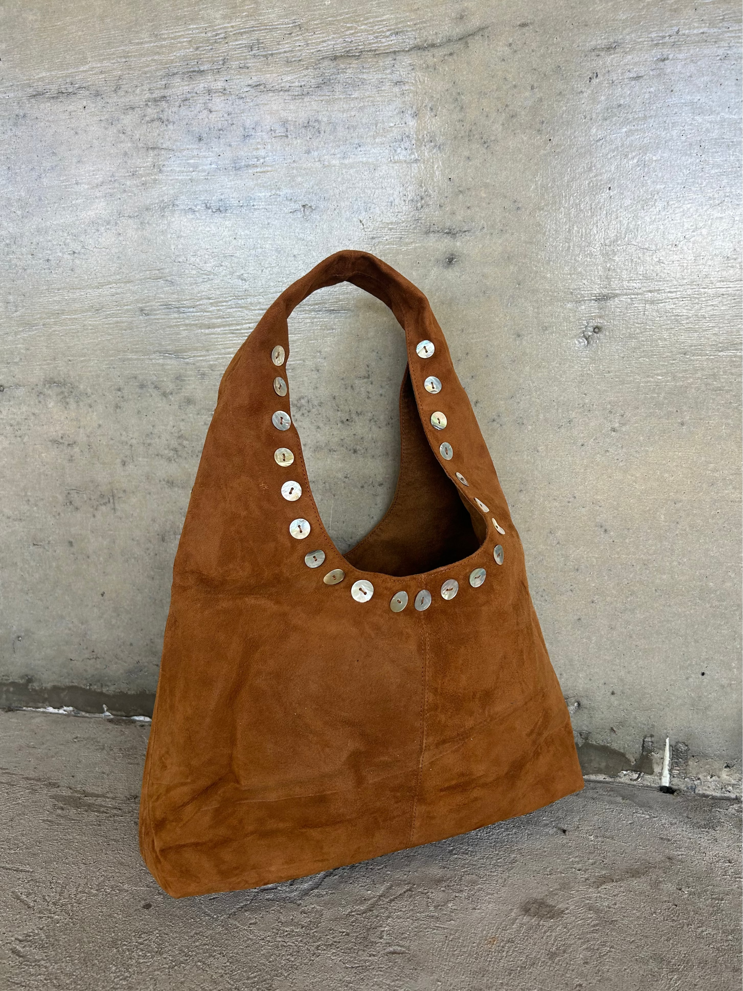 Brown suede slouch shoulder bag pearl buttons DAE Resort 