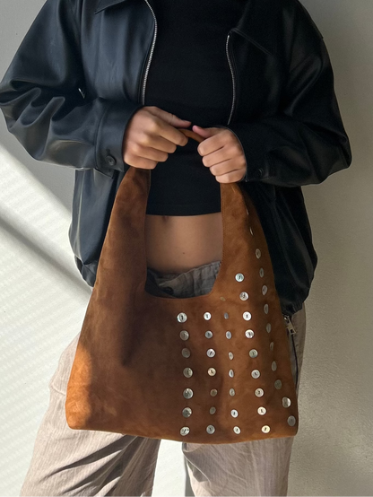 Brown suede slouch shoulder bag pearl buttons DAE Resort 