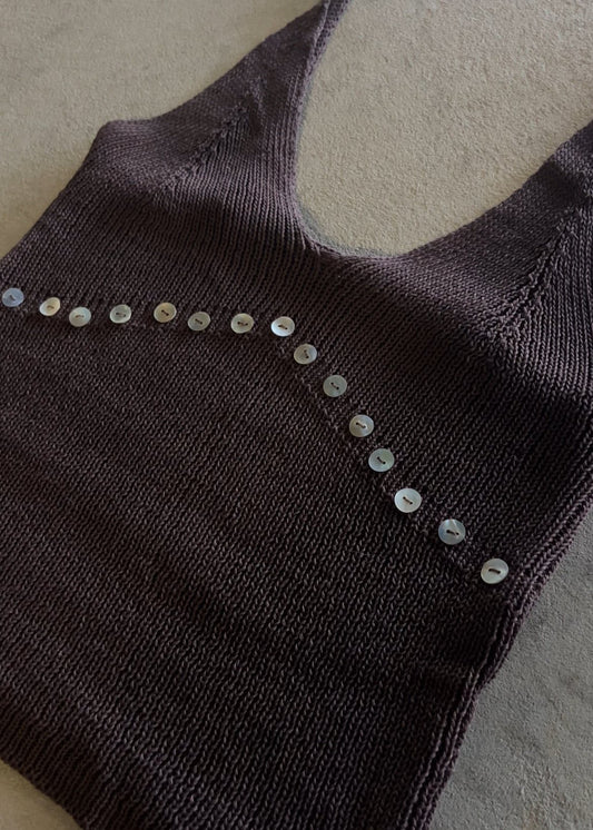 Knit brown cami singlet top pearl detail mother of pearl buttons