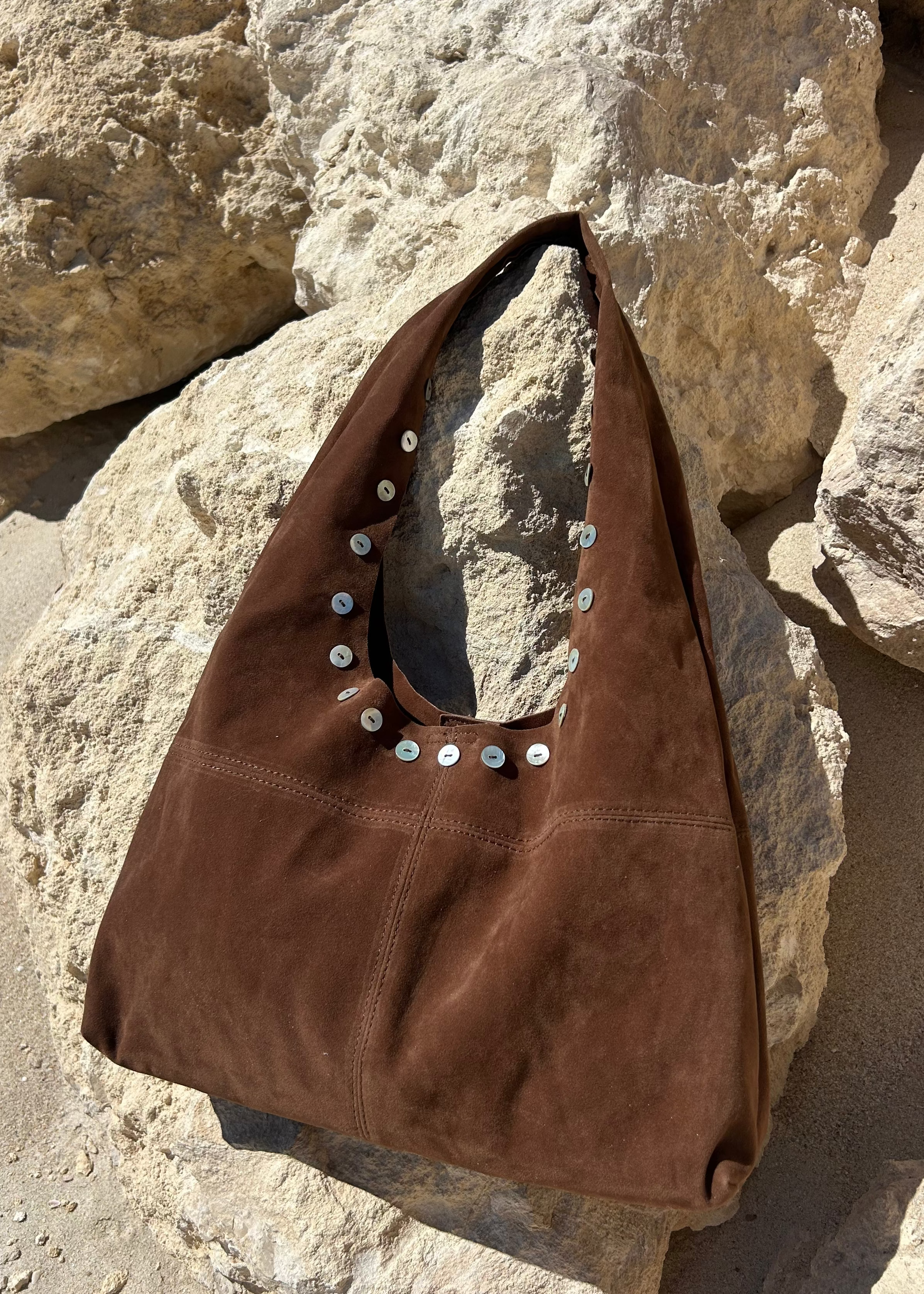 suede brown pearl button bag dae resort