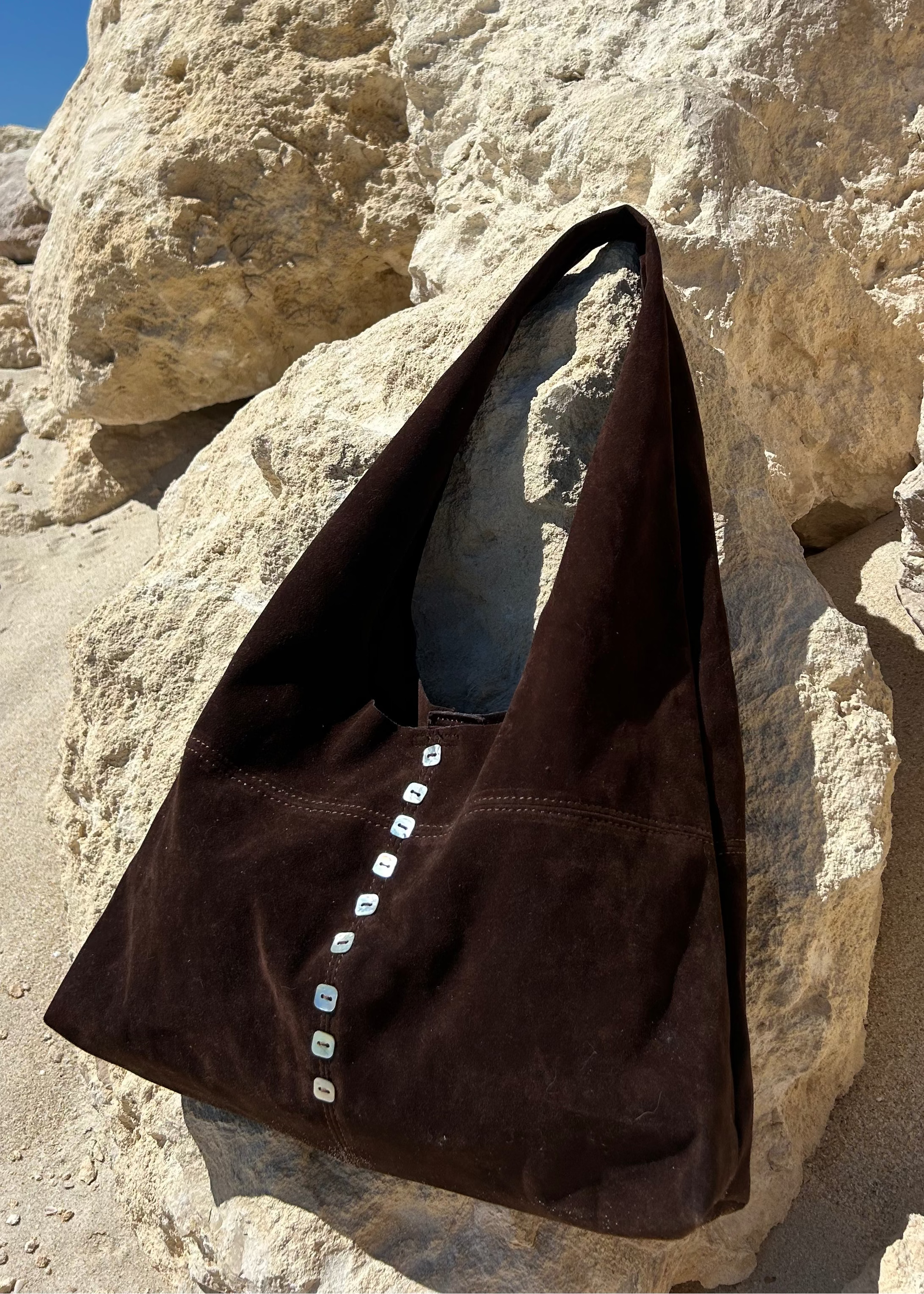 brown suede handbag pearl buttons dae resort